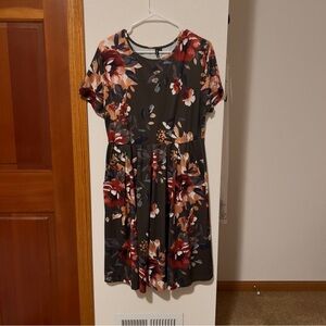 Kranda Floral Fit & Flare Dress XL Green Short Sleeve Pockets Casual Boho Soft